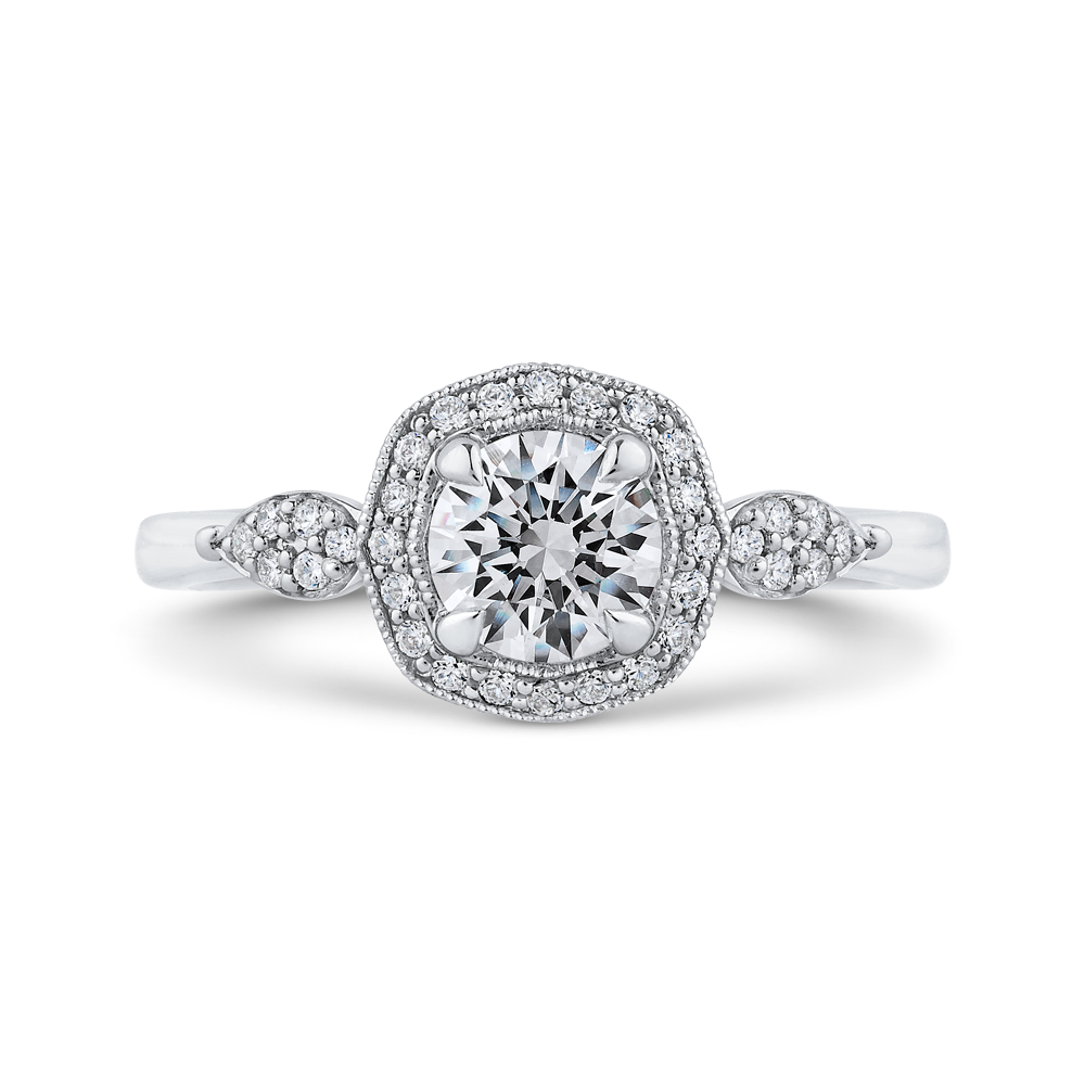 Round Diamond Floral Halo Engagement Ring in 14K White Gold