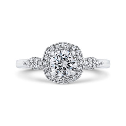 Round Diamond Floral Halo Engagement Ring in 14K White Gold