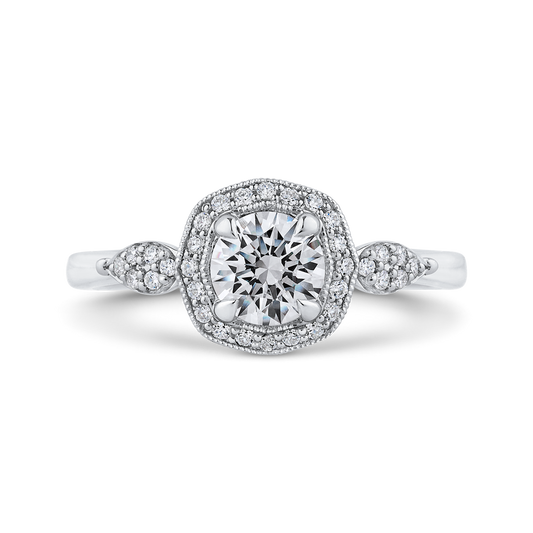 Round Diamond Floral Halo Engagement Ring in 14K White Gold