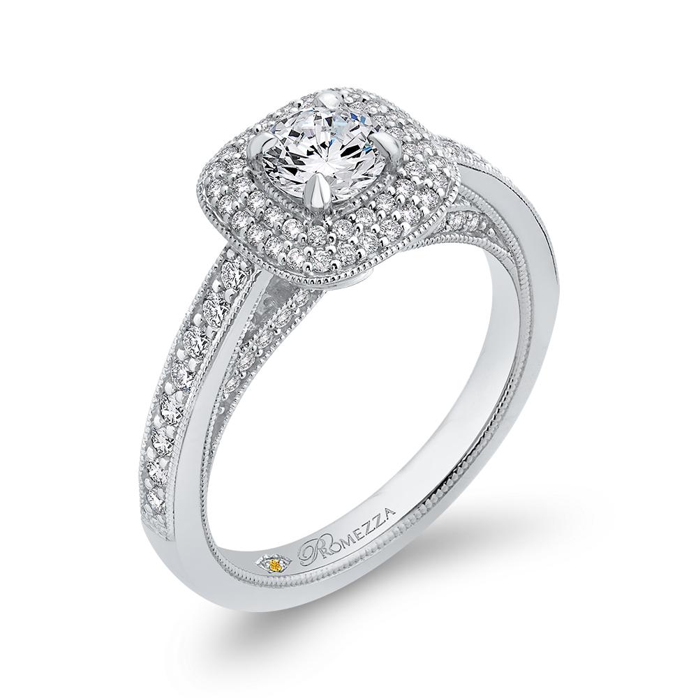 Round Diamond Double Halo Cathedral Style Engagement Ring in 14K White Gold