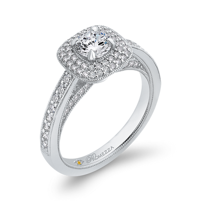 Round Diamond Double Halo Cathedral Style Engagement Ring in 14K White Gold