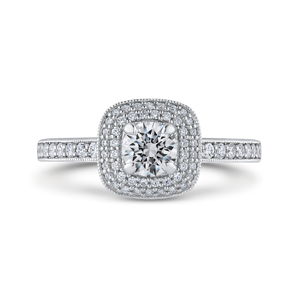 Round Diamond Double Halo Cathedral Style Engagement Ring in 14K White Gold