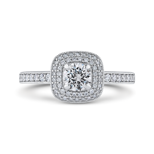 Round Diamond Double Halo Cathedral Style Engagement Ring in 14K White Gold