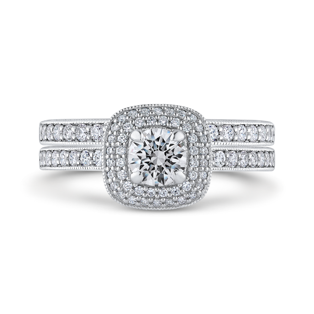 Round Diamond Double Halo Cathedral Style Engagement Ring in 14K White Gold