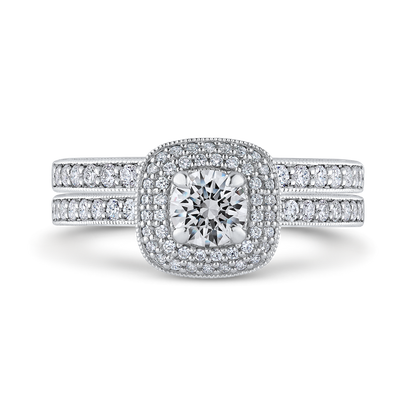 Round Diamond Double Halo Cathedral Style Engagement Ring in 14K White Gold