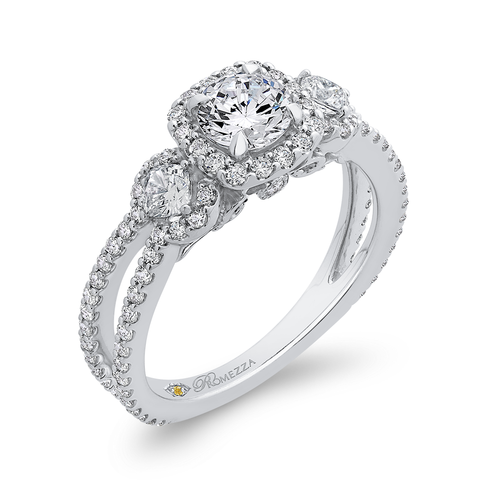 Split Shank Round Diamond Halo Engagement in 14K White Gold