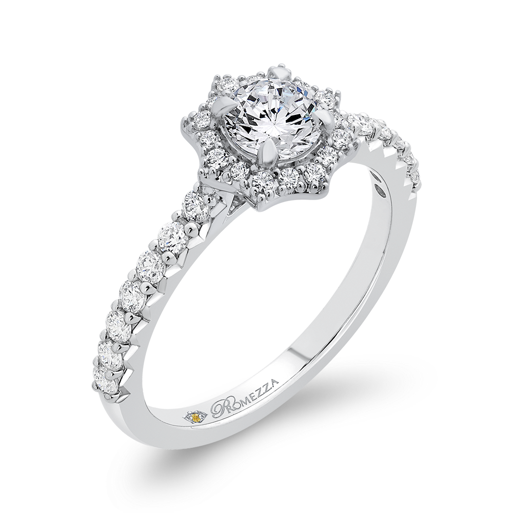 Round Diamond Floral Halo Engagement Ring in 14K White Gold