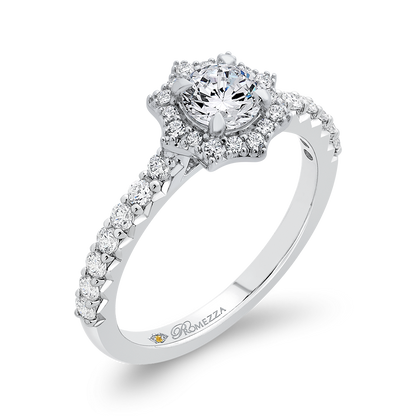 Round Diamond Floral Halo Engagement Ring in 14K White Gold