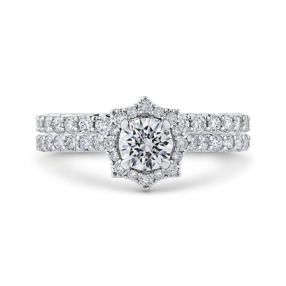 Round Diamond Floral Halo Engagement Ring in 14K White Gold