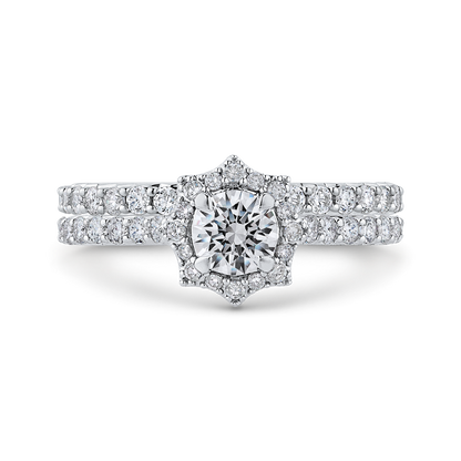 Round Diamond Floral Halo Engagement Ring in 14K White Gold