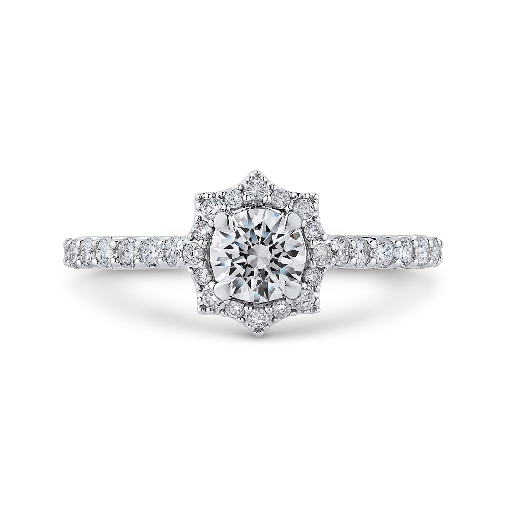 Round Diamond Floral Halo Engagement Ring in 14K White Gold