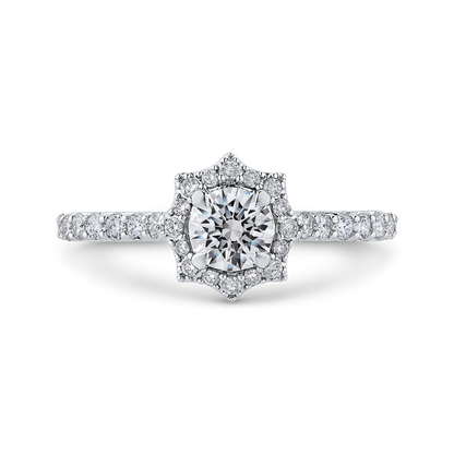 Round Diamond Floral Halo Engagement Ring in 14K White Gold