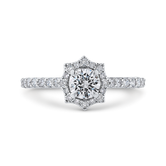 Round Diamond Floral Halo Engagement Ring in 14K White Gold