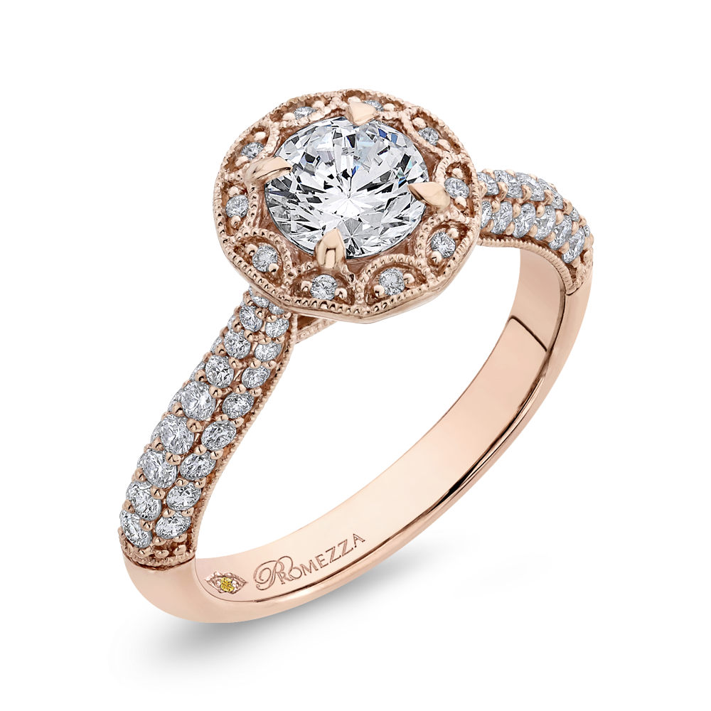 Round Halo Diamond Cathedral Style Engagement Ring in 14K Rose Gold