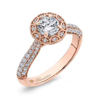 Round Halo Diamond Cathedral Style Engagement Ring in 14K Rose Gold