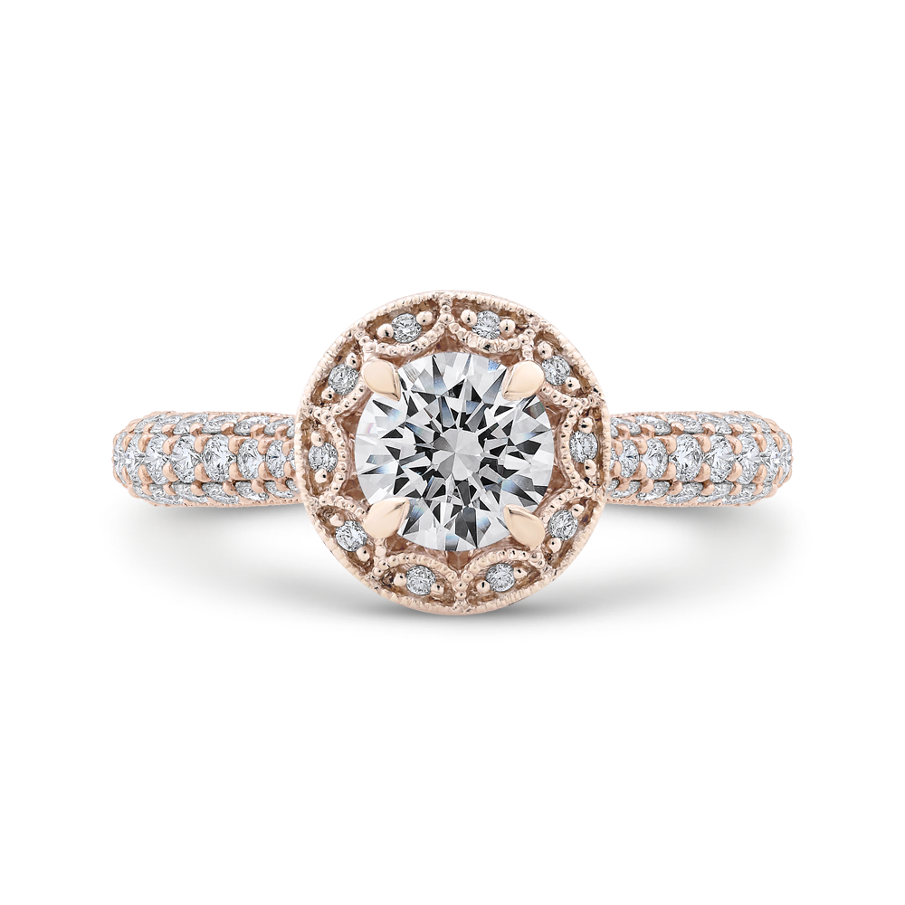 Round Halo Diamond Cathedral Style Engagement Ring in 14K Rose Gold