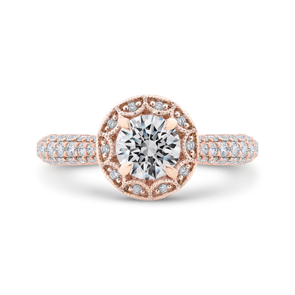 Round Halo Diamond Cathedral Style Engagement Ring in 14K Rose Gold