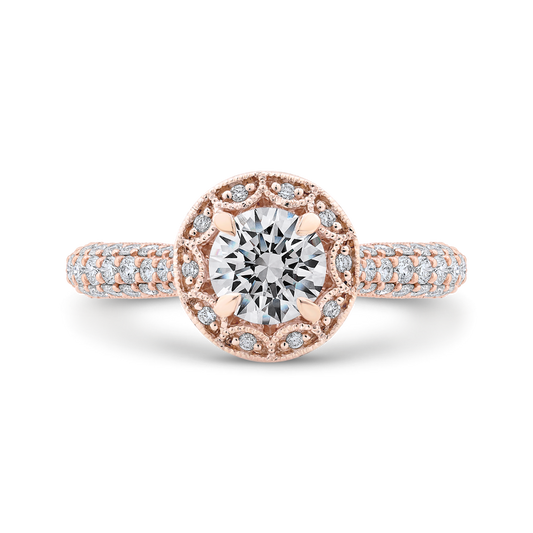 Round Halo Diamond Cathedral Style Engagement Ring in 14K Rose Gold