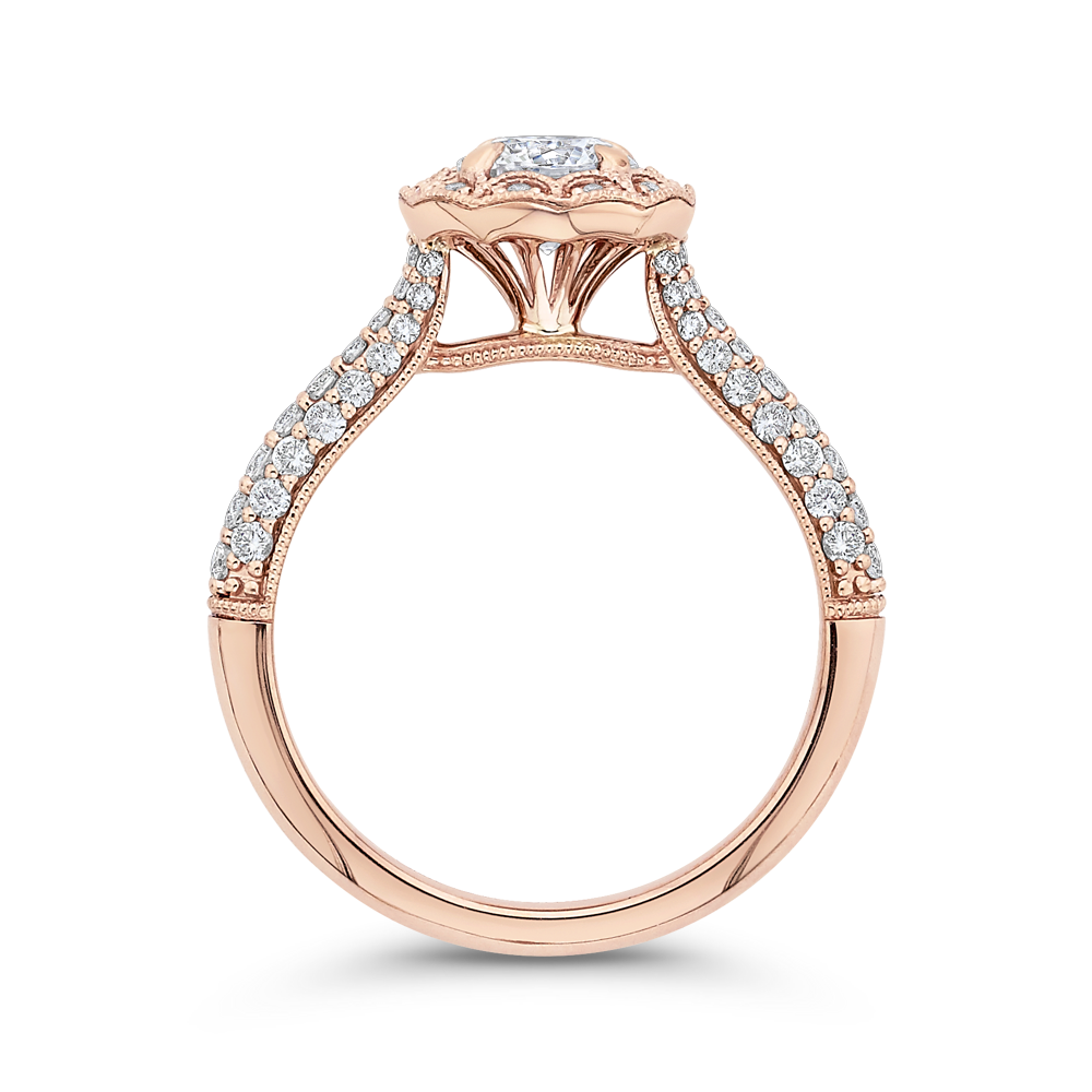 Round Halo Diamond Cathedral Style Engagement Ring in 14K Rose Gold