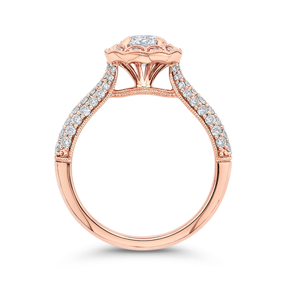 Round Halo Diamond Cathedral Style Engagement Ring in 14K Rose Gold