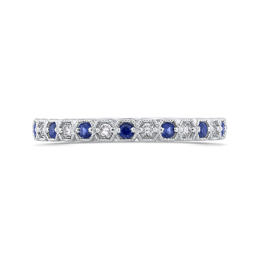 Round Diamond Half-Eternity Wedding Band with Sapphire in 14K White Gold