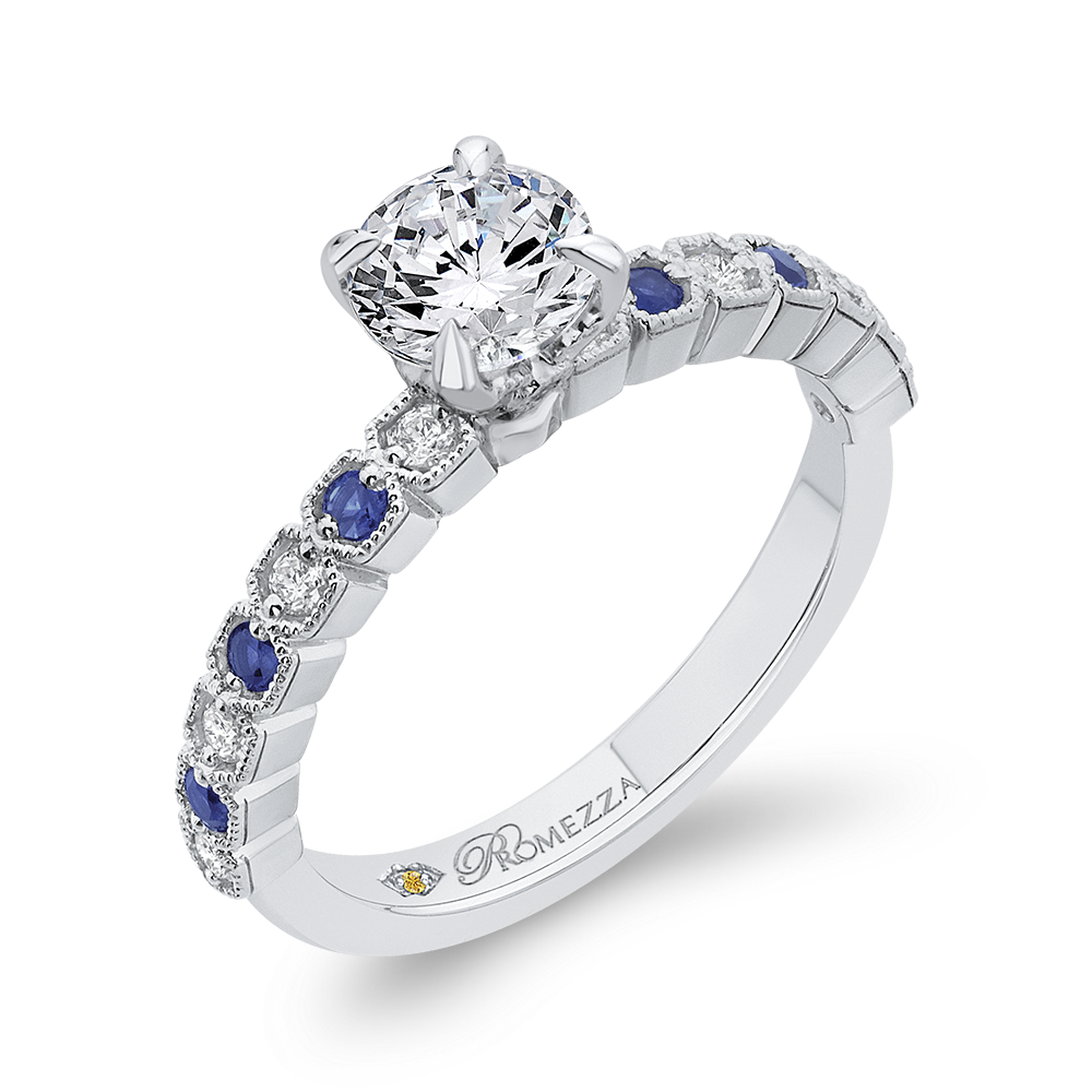 Round Diamond Engagement Ring with Blue Sapphire in 14K White Gold