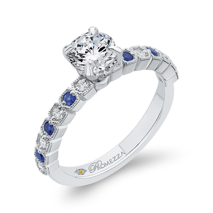 Round Diamond Engagement Ring with Blue Sapphire in 14K White Gold