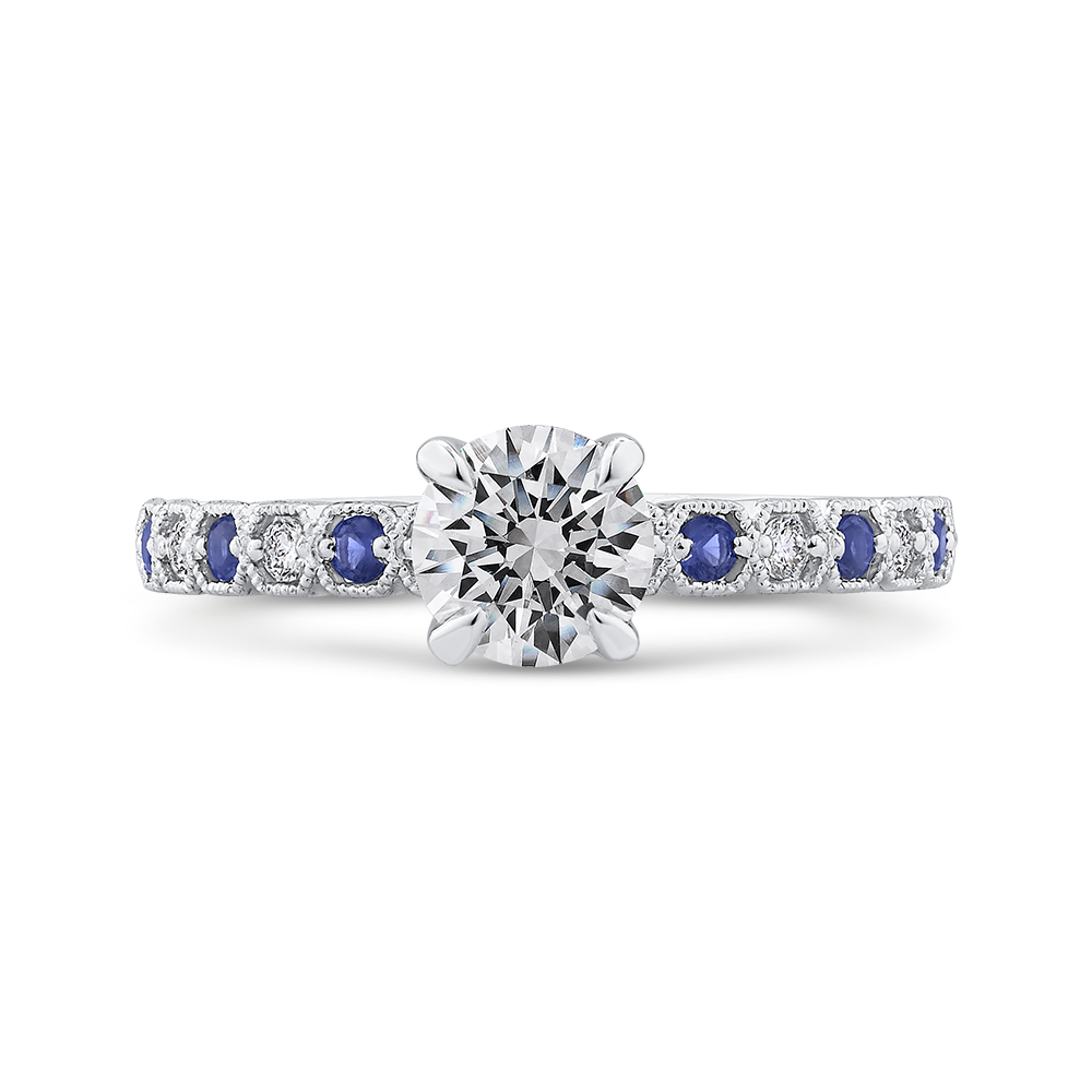 Round Diamond Engagement Ring with Blue Sapphire in 14K White Gold