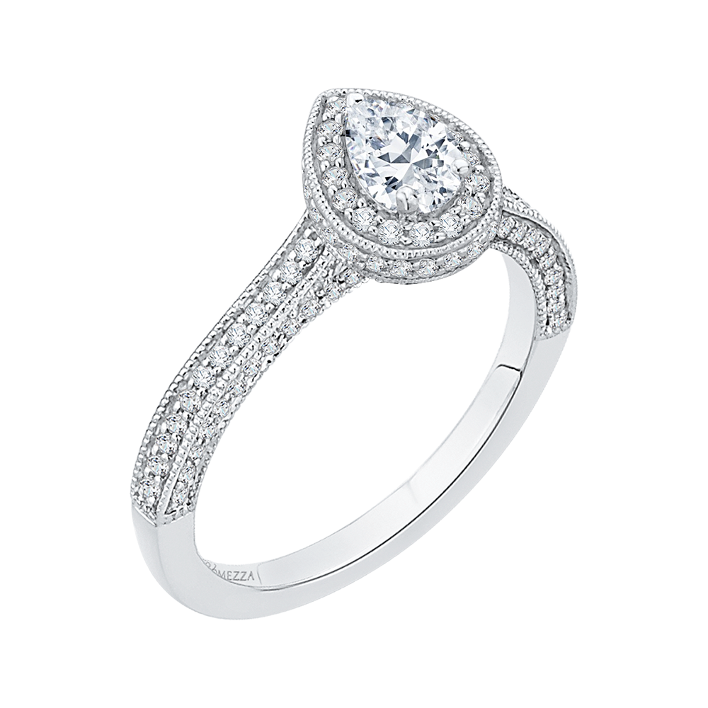 Pear Cut Diamond Halo Engagement Ring in 14K White Gold