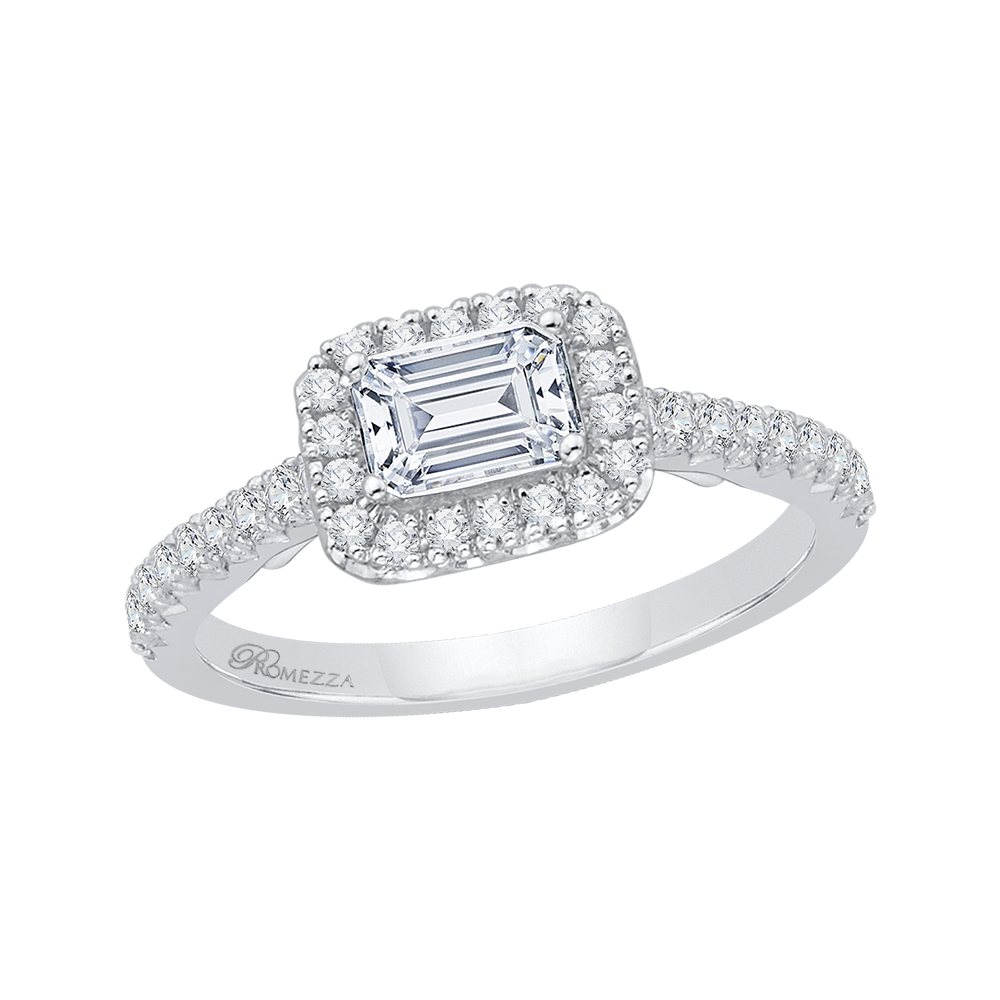 Emerald Cut Diamond Halo Engagement Ring in 14K White Gold