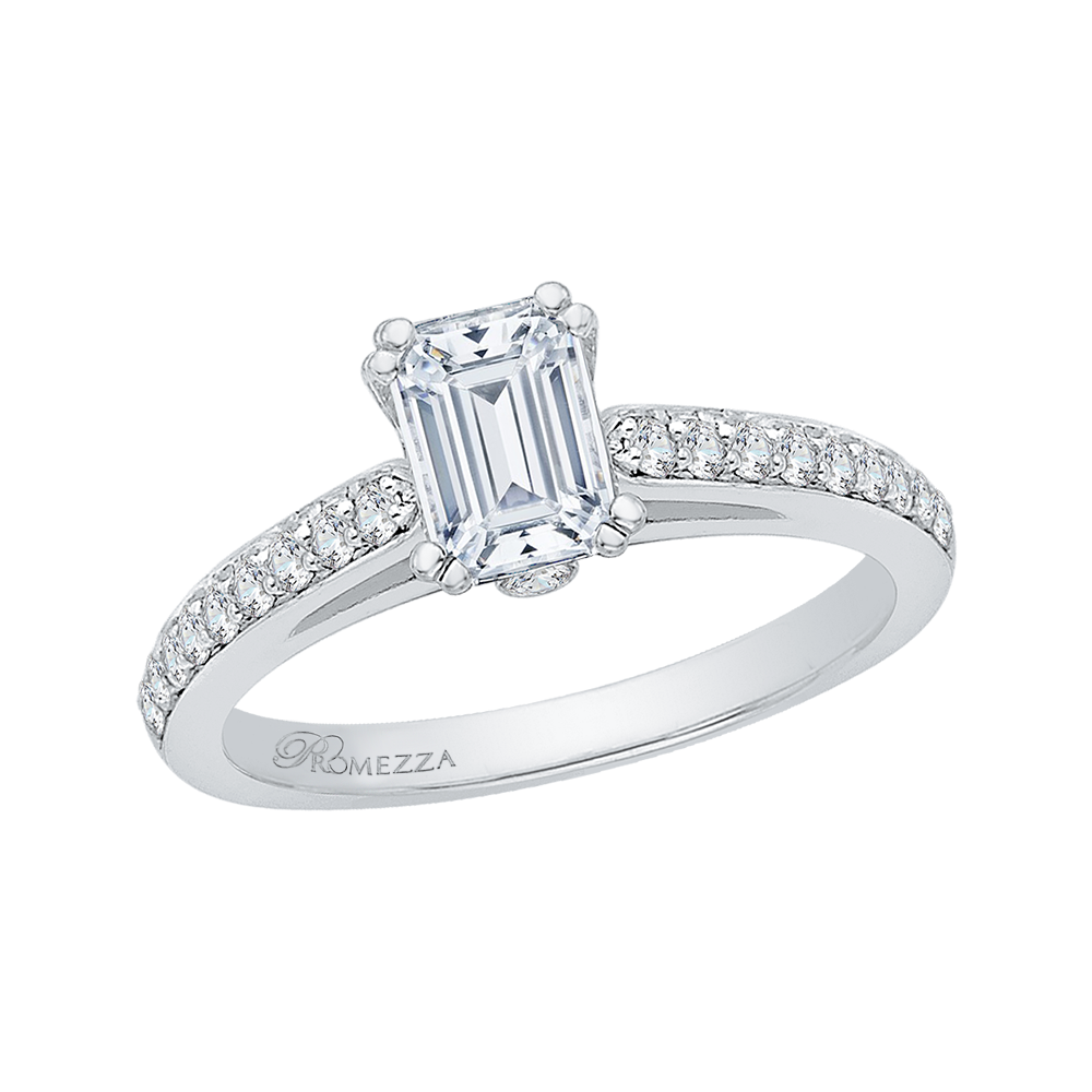 Emerald Cut Diamond Cathedral Style Engagement Ring in 14K White Gold