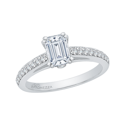 Emerald Cut Diamond Cathedral Style Engagement Ring in 14K White Gold