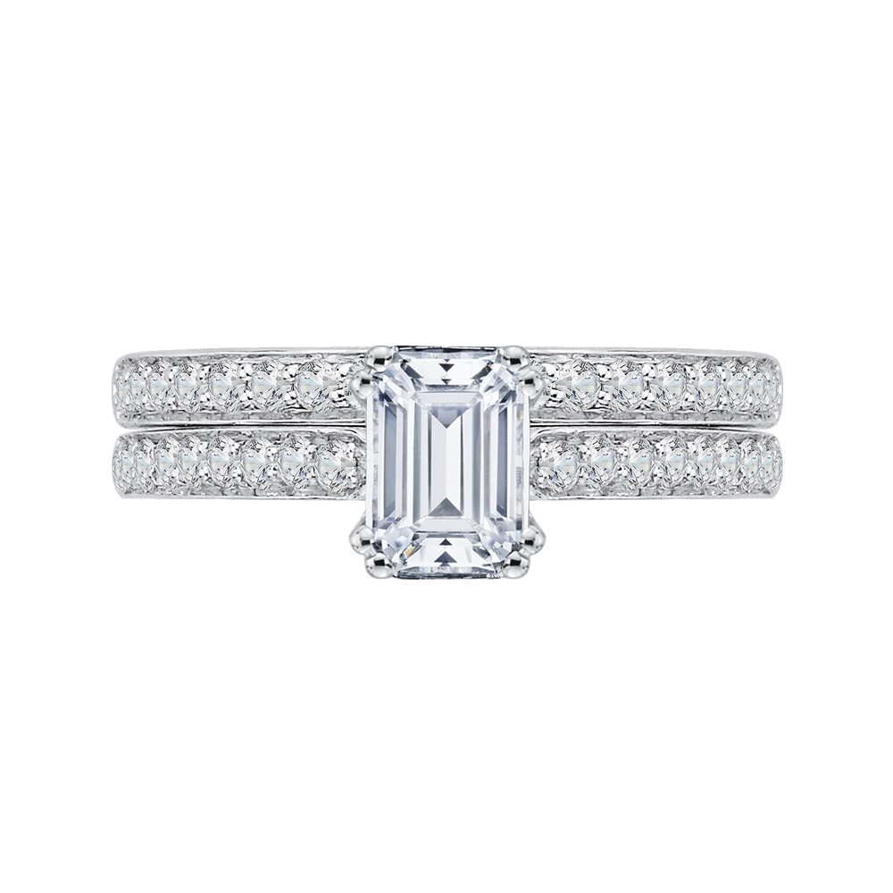 Emerald Cut Diamond Cathedral Style Engagement Ring in 14K White Gold