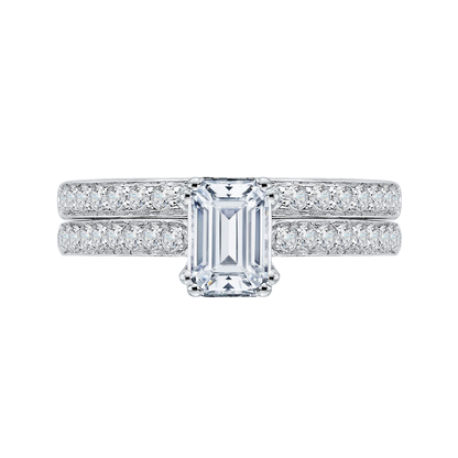 Emerald Cut Diamond Cathedral Style Engagement Ring in 14K White Gold