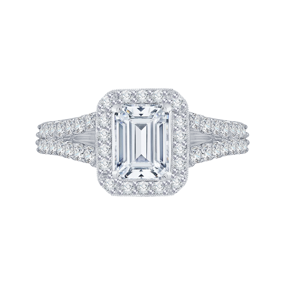 Split Shank Emerald Cut Diamond Halo Engagement Ring in 14K White Gold