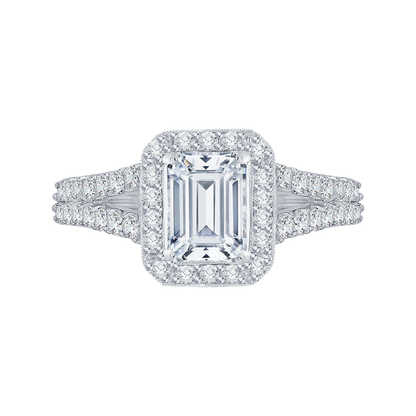 Split Shank Emerald Cut Diamond Halo Engagement Ring in 14K White Gold