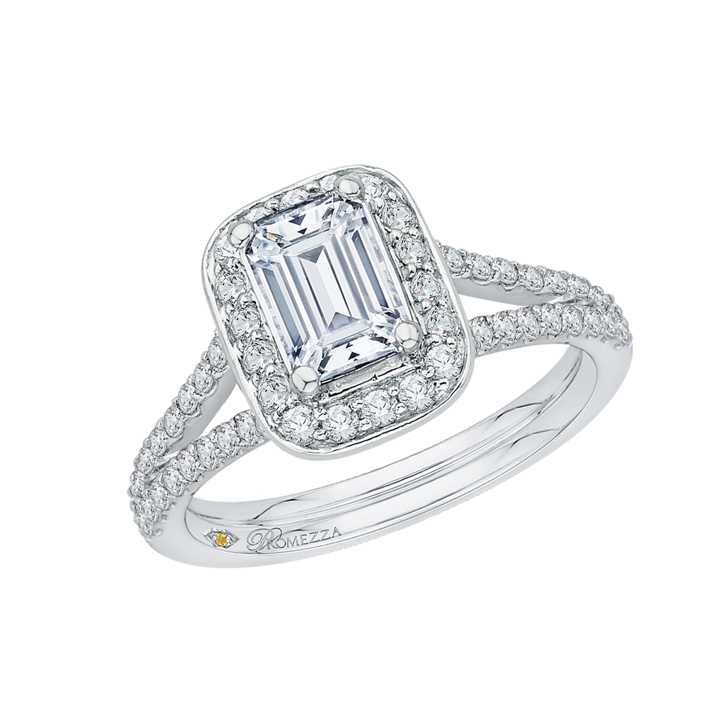 Split Shank Emerald Cut Diamond Halo Engagement Ring in 14K White Gold