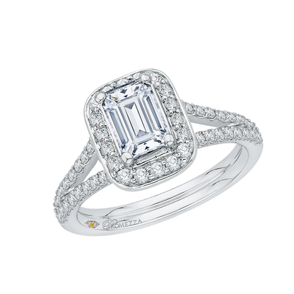 Split Shank Emerald Cut Diamond Halo Engagement Ring in 14K White Gold