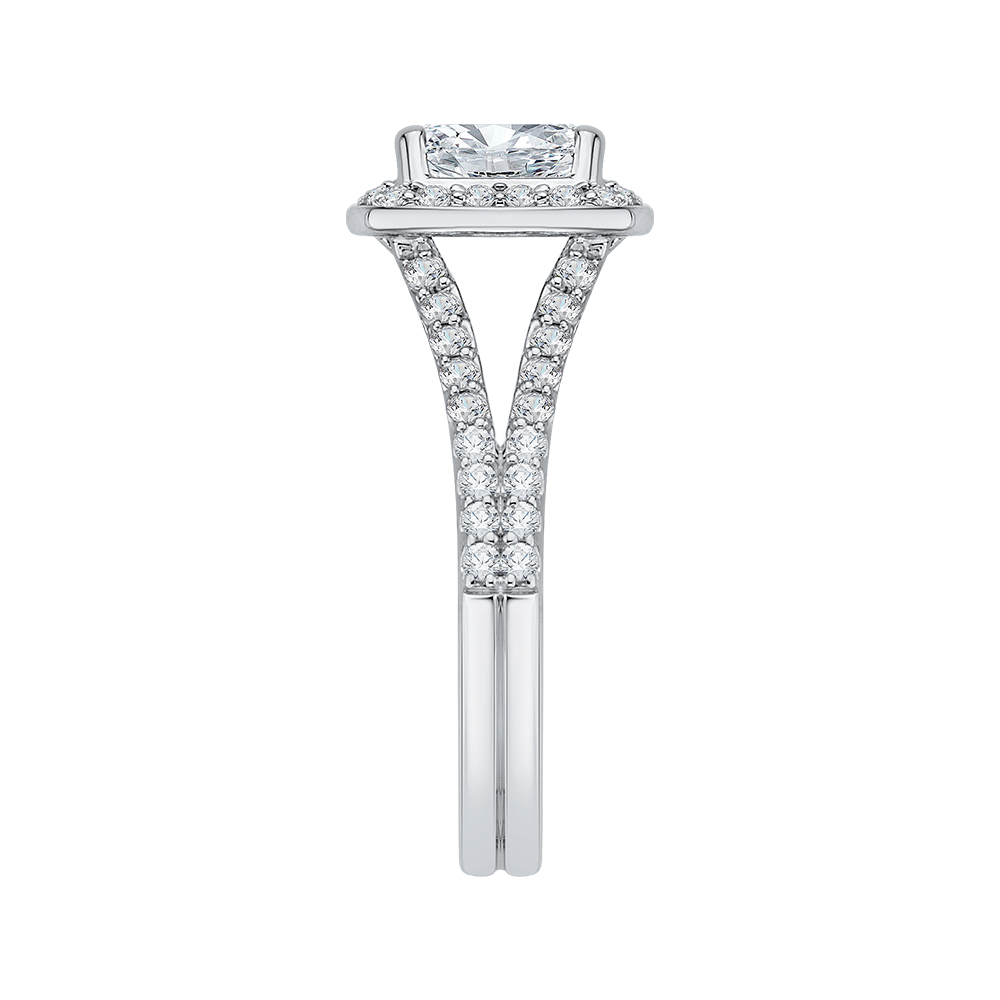 Split Shank Emerald Cut Diamond Halo Engagement Ring in 14K White Gold