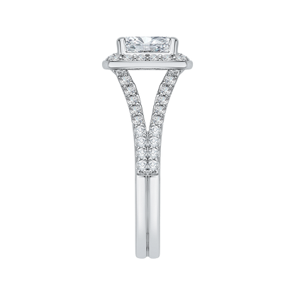 Split Shank Emerald Cut Diamond Halo Engagement Ring in 14K White Gold