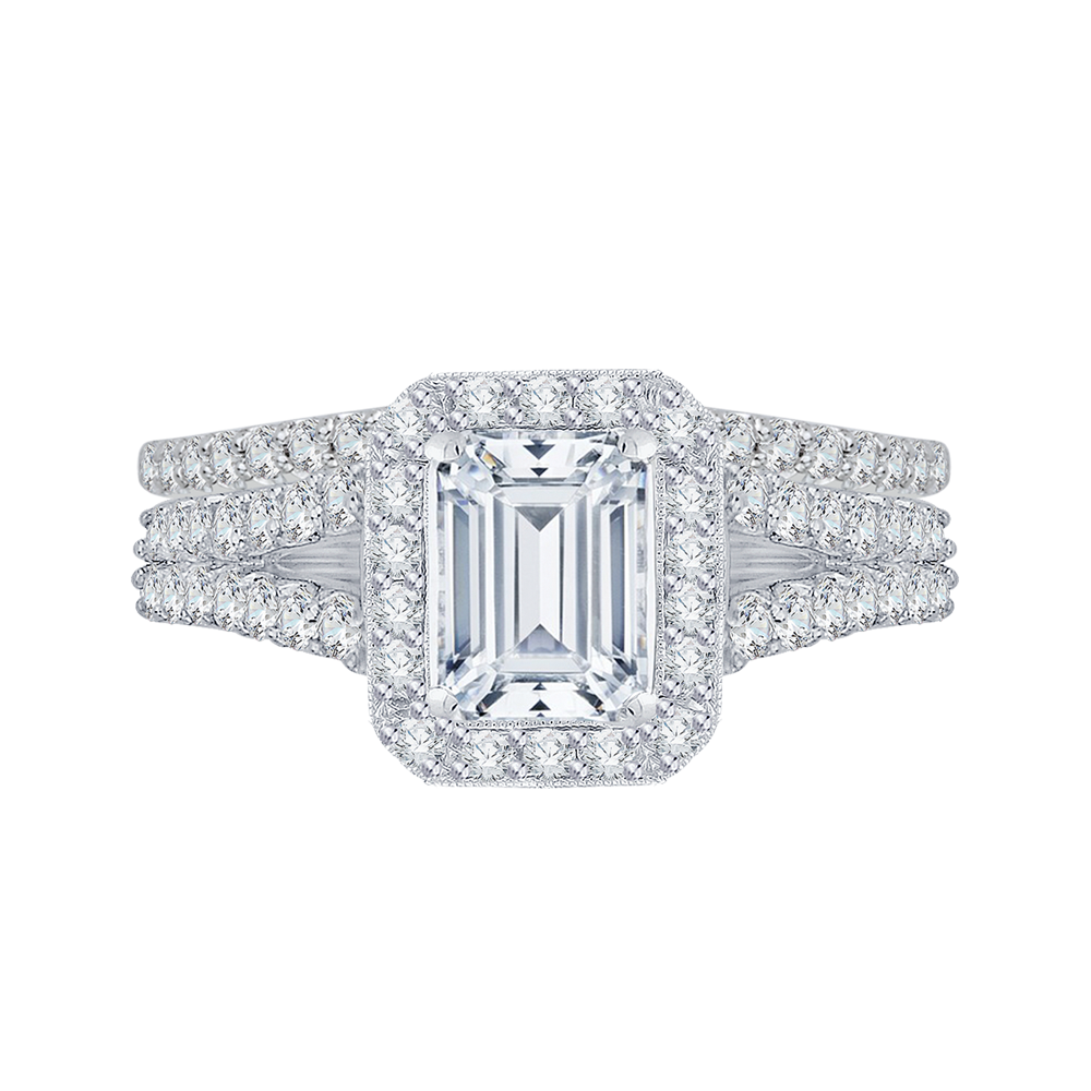 Split Shank Emerald Cut Diamond Halo Engagement Ring in 14K White Gold