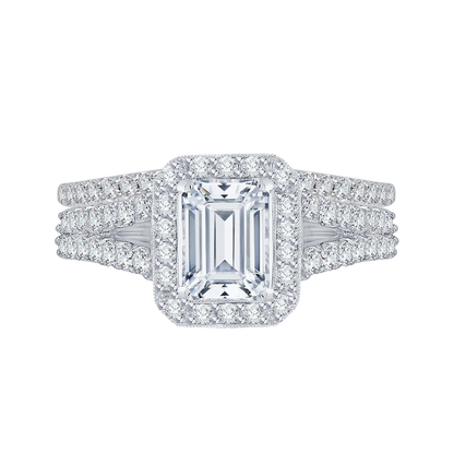 Split Shank Emerald Cut Diamond Halo Engagement Ring in 14K White Gold