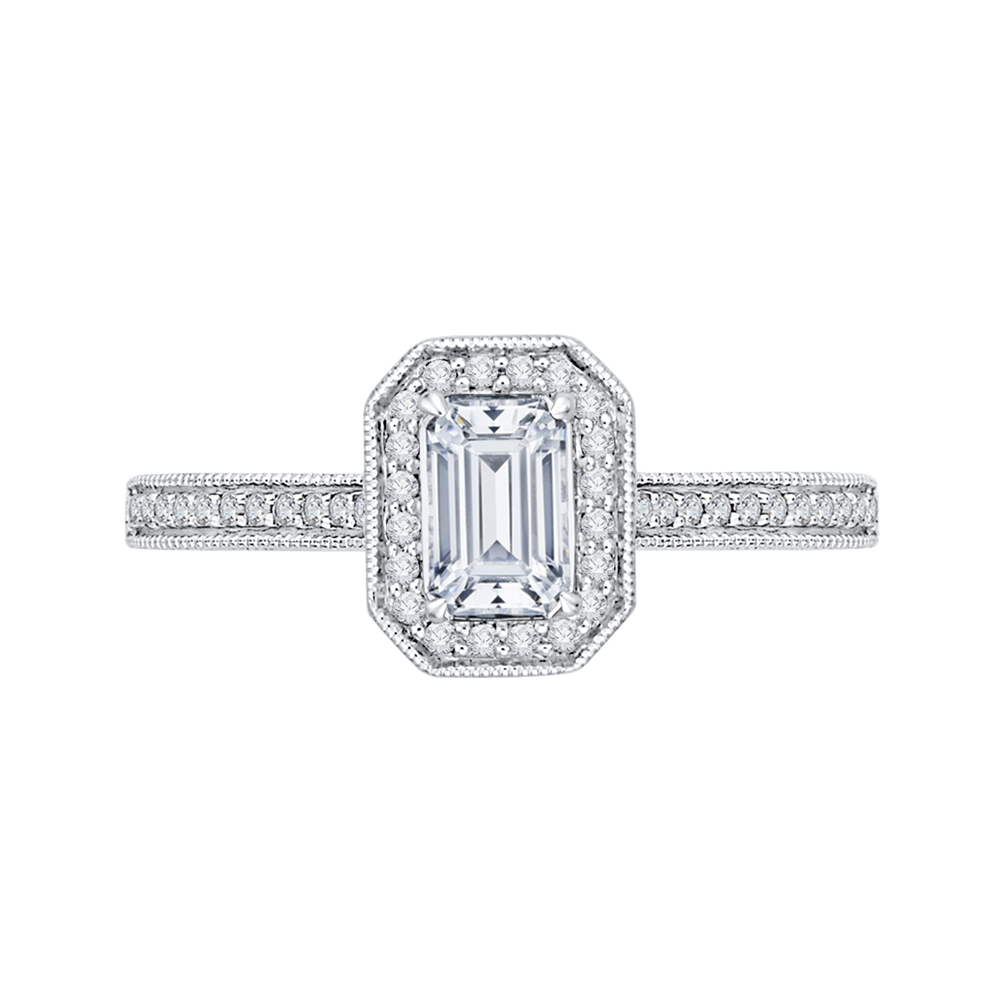 Emerald Cut Diamond Halo Engagement Ring in 14K White Gold