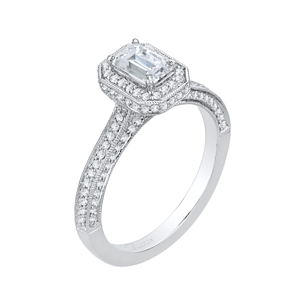 Emerald Cut Diamond Halo Engagement Ring in 14K White Gold