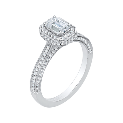 Emerald Cut Diamond Halo Engagement Ring in 14K White Gold