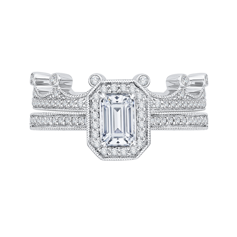 Emerald Cut Diamond Halo Engagement Ring in 14K White Gold