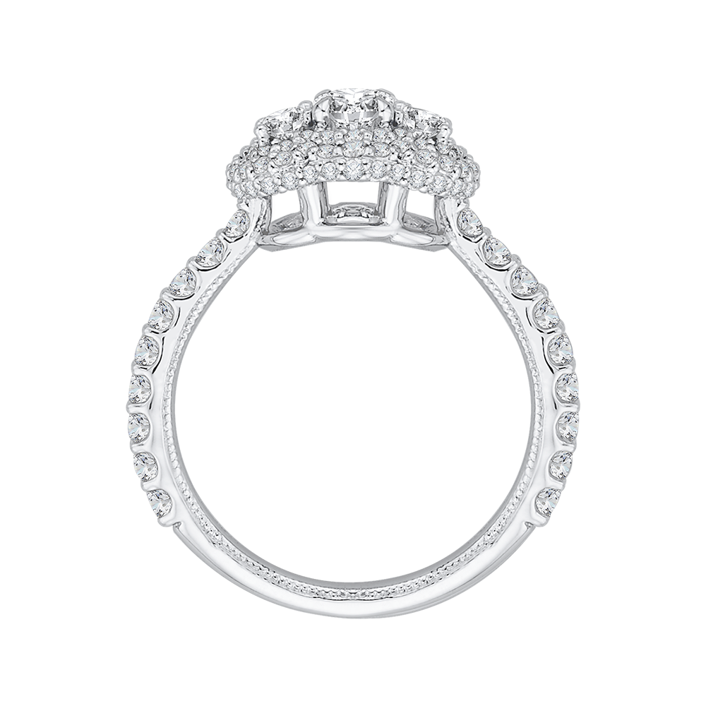 Oval Cut Diamond Three-Stone Halo Engagement Ring in 14K White Gold