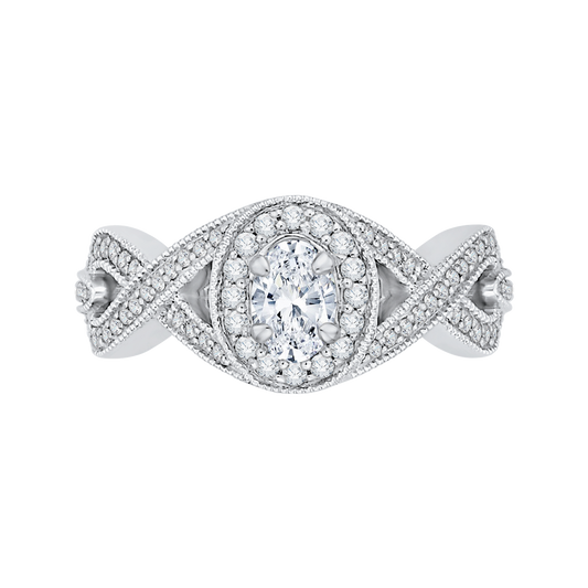 Split Shank Oval Cut Diamond Halo Engagement Ring in 14K White Gold