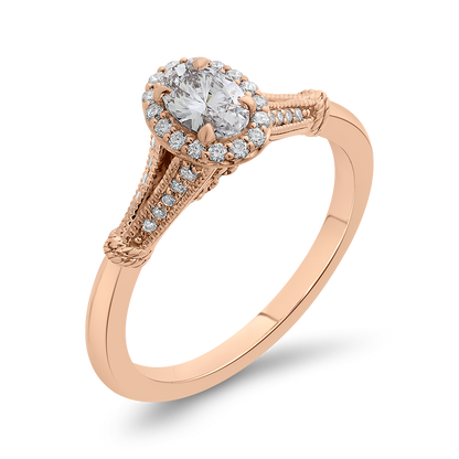 Split Shank Oval Cut Diamond Halo Cathedral Style Engagement Ring in 14K Rose Gold