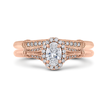 Split Shank Oval Cut Diamond Halo Cathedral Style Engagement Ring in 14K Rose Gold